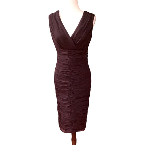 Tadashi Shoji Silk Chiffon Brown Ruched Vintage Sheath Slip Column Dress - 8 - Picture 15 of 15